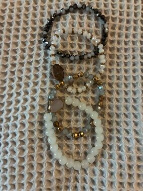 Stacked White and Gold Beaded and Stone Bracelet Set